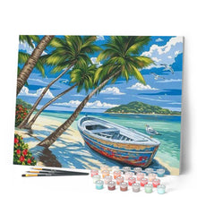 Cargar imagen en el visor de la galería, Pintar Por Números - Barco Y Palmera En Una Playa - Figuredart - Barcos Paisajes