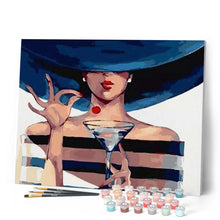 Cargar imagen en el visor de la galería, Pintar Por Números - Mujer Con Sombrero Azul Y Cereza - Figuredart - Principiantes Retrato