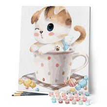 Cargar imagen en el visor de la galería, Pintar Por Números - Gato Taza De Té - Figuredart - Animales Cocina Gatos Infantil Principiantes