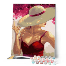 Cargar imagen en el visor de la galería, Mujer con sombrero y vestido rojo