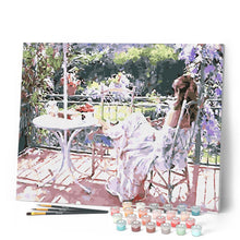 Cargar imagen en el visor de la galería, Pintar Por Números - Chica Sentada En Una Silla En Un Balcón Idílico Para Jugar - Figuredart - Flores Romanticismo
