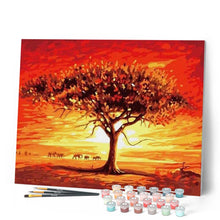 Cargar imagen en el visor de la galería, Pintar Por Números - Puesta De Sol Roja Y Árbol Con Elefantes - Figuredart - Animales Elefantes Paisajes Árboles