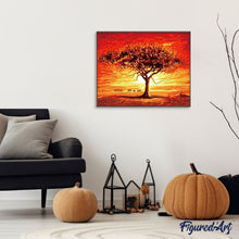 Cargar imagen en el visor de la galería, Pintar Por Números - Puesta De Sol Roja Y Árbol Con Elefantes - Figuredart - Animales Elefantes Paisajes Árboles