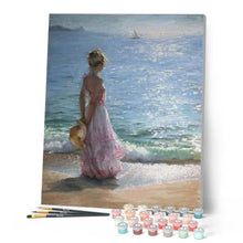 Cargar imagen en el visor de la galería, Pintar Por Números - Chica En La Playa - Figuredart - Barcos Paisajes Romanticismo