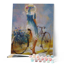 Cargar imagen en el visor de la galería, Pintar por números | Mujer joven en bicicleta | Novedades Romanticismo Intermedio | FiguredArt