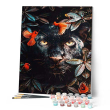 Cargar imagen en el visor de la galería, Pintar por números | Pantera negra follaje y pájaros | Novedades Animales Pantera Pájaros Intermedio | FiguredArt
