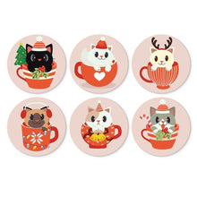 Cargar imagen en el visor de la galería, Mini Serie Pintar por Números - discos de Ø20cm (6 piezas) - Gatos en tazas navideñas Figured'Art