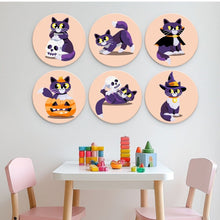 Cargar imagen en el visor de la galería, Mini Serie Pintar por Números - discos de Ø20cm (6 piezas) - Gato y magia de medianoche