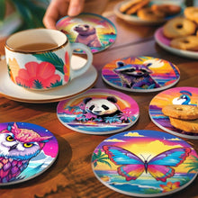 Cargar imagen en el visor de la galería, Pintar por números Posavasos 10cm (6 piezas) - Serie Fauna con Panda, Mapache y Foca