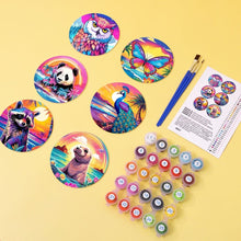 Cargar imagen en el visor de la galería, Pintar por números Posavasos 10cm (6 piezas) - Serie Fauna con Panda, Mapache y Foca