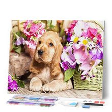 Cargar imagen en el visor de la galería, Diamond Painting - Perro y su canasta de flores