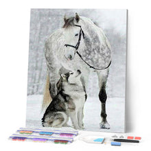 Cargar imagen en el visor de la galería, Punto De Cruz Diamante - Punto De Cruz Diamante - Caballo Y Del Lobo En La Nieve - Figuredart - Caballos Conejos Invierno Lobos Mascotas
