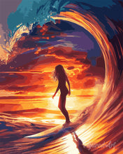 Cargar imagen en el visor de la galería, Diamond Painting - Diamond Painting - Chica surfista en la gran ola 40x50cm con bastidor montado