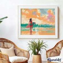 Cargar imagen en el visor de la galería, Diamond Painting - Chica surfista al amanecer 40x50cm con bastidor montado