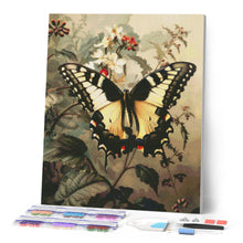 Cargar imagen en el visor de la galería, Diamond Painting - Mariposa Cola de Golondrina y Flores Blancas 40x50cm con bastidor montado