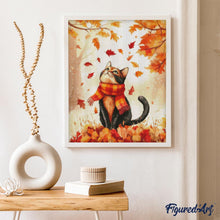 Cargar imagen en el visor de la galería, Diamond Painting - Gato juguetón de otoño 40x50cm con bastidor montado