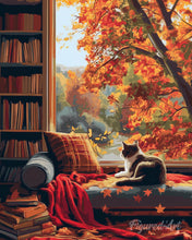 Cargar imagen en el visor de la galería, Diamond Painting - Diamond Painting - Vista otoñal del gato 40x50cm con bastidor montado