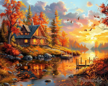 Cargar imagen en el visor de la galería, Diamond Painting - Diamond Painting - Atardecer de otoño junto a la cabaña 40x50cm con bastidor montado