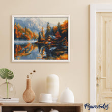 Cargar imagen en el visor de la galería, Diamond Painting - Cabaña junto al lago en otoño 40x50cm con bastidor montado