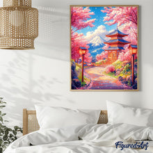 Cargar imagen en el visor de la galería, Diamond Painting - Camino de Sakura hacia la Pagoda 40x50cm con bastidor montado