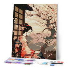 Cargar imagen en el visor de la galería, Diamond Painting - Dama con Kimono Vintage y Sakura 40x50cm con bastidor montado