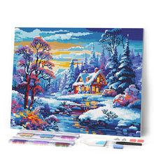 Cargar imagen en el visor de la galería, Diamond Painting - Cabaña Invernal junto al Río 40x50cm con bastidor montado