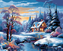 Cargar imagen en el visor de la galería, Diamond Painting - Diamond Painting - Cabaña Invernal junto al Río 40x50cm con bastidor montado