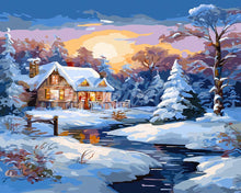 Cargar imagen en el visor de la galería, Diamond Painting - Cabaña Invernal al Atardecer