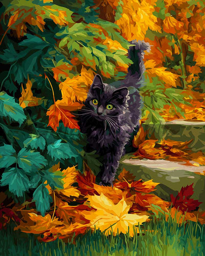 Diamond Painting - Gato negro en otoño