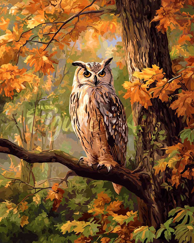 Diamond Painting - Búho entre hojas doradas