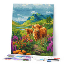 Cargar imagen en el visor de la galería, Diamond Painting - Highland Cow colinas en flor