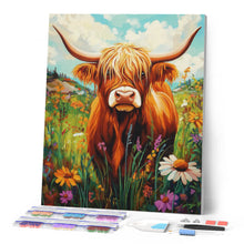 Cargar imagen en el visor de la galería, Diamond Painting - Retrato de Highland Cow flores silvestres