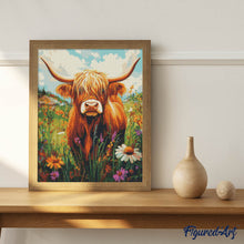 Cargar imagen en el visor de la galería, Diamond Painting - Retrato de Highland Cow flores silvestres
