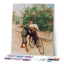 Cargar imagen en el visor de la galería, Diamond Painting - Pintura vintage de lección de bicicleta romántica