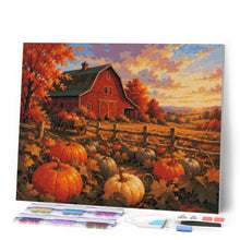 Cargar imagen en el visor de la galería, Diamond Painting - Campo de Calabazas y Granero Rojo a la Hora Dorada