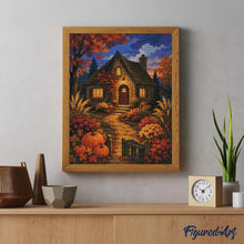 Cargar imagen en el visor de la galería, Diamond Painting - Cabaña iluminada con calabazas al anochecer