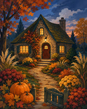 Cargar imagen en el visor de la galería, Diamond Painting - Cabaña iluminada con calabazas al anochecer