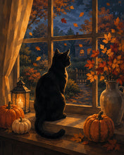 Cargar imagen en el visor de la galería, Diamond Painting - Gato Negro en la Ventana de Calabazas