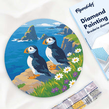 Cargar imagen en el visor de la galería, Diamond Painting en Disco de Madera - Frailecillo en los acantilados del océano