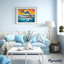 Cargar imagen en el visor de la galería, Pintar por números Amanecer de los delfines Figured'Art Intermedio Novedades Animales Peces Dolfines Paisajes