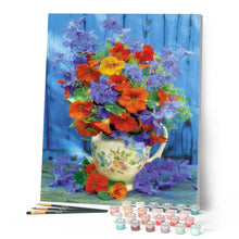Cargar imagen en el visor de la galería, Pintar por números Ramo de naranja y púrpura Figured'Art Intermedio Novedades Flores