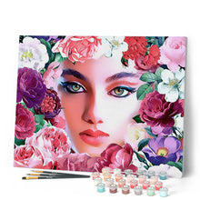 Cargar imagen en el visor de la galería, Pintar por números Cara y flores Figured'Art Intermedio Novedades Flores Retrato Mujer