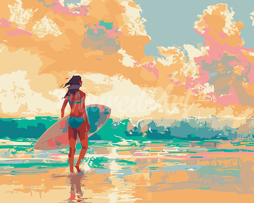 Pintar por numeros Figured'Art - Chica surfista al amanecer