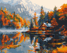 Cargar imagen en el visor de la galería, Pintar por numeros Figured&#39;Art - Cabaña junto al lago en otoño