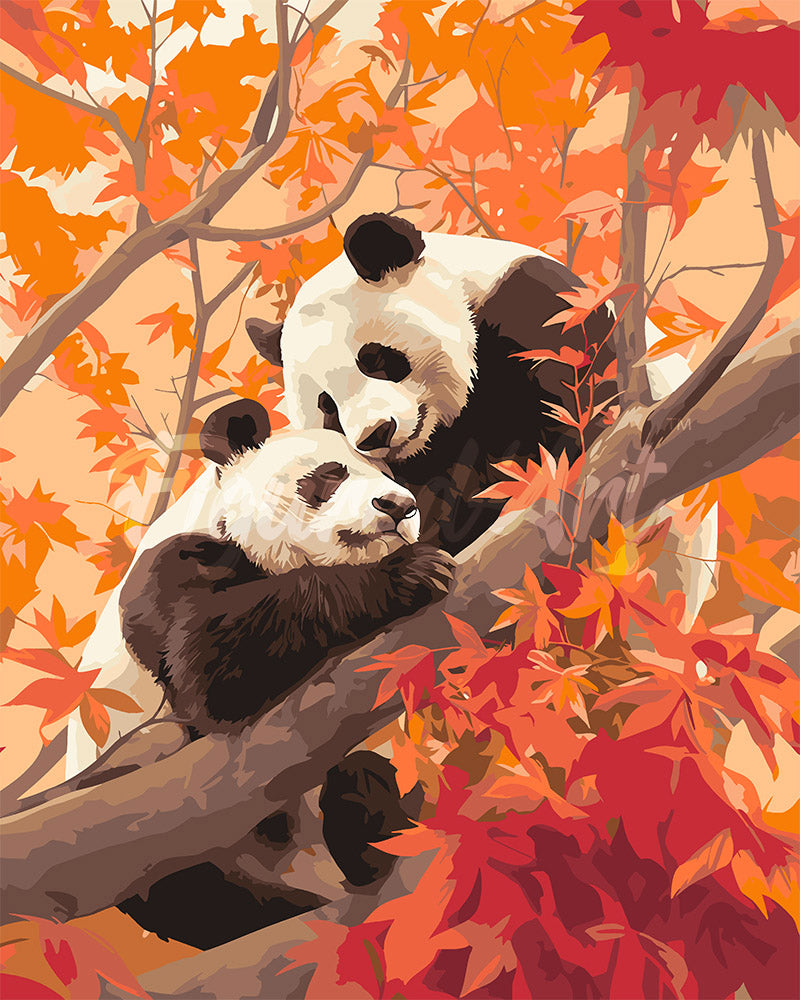 Pintar por numeros Figured'Art - Gemelos de Panda en Otoño