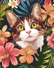 Cargar imagen en el visor de la galería, Pintar por numeros Figured'Art - Gato con Flores Tropicales
