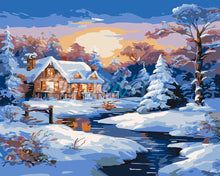 Cargar imagen en el visor de la galería, Pintar por numeros Figured'Art - Cabaña Invernal al Atardecer