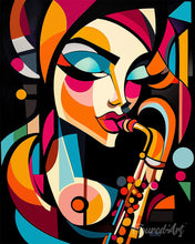 Cargar imagen en el visor de la galería, Pintar por numeros Figured'Art - Dama del Saxo Abstracta Audaz