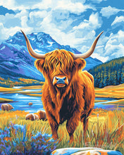 Cargar imagen en el visor de la galería, Pintar por numeros Figured'Art - Highland Cow junto al lago