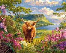 Cargar imagen en el visor de la galería, Pintar por numeros Figured'Art - Highland Cow valle primaveral